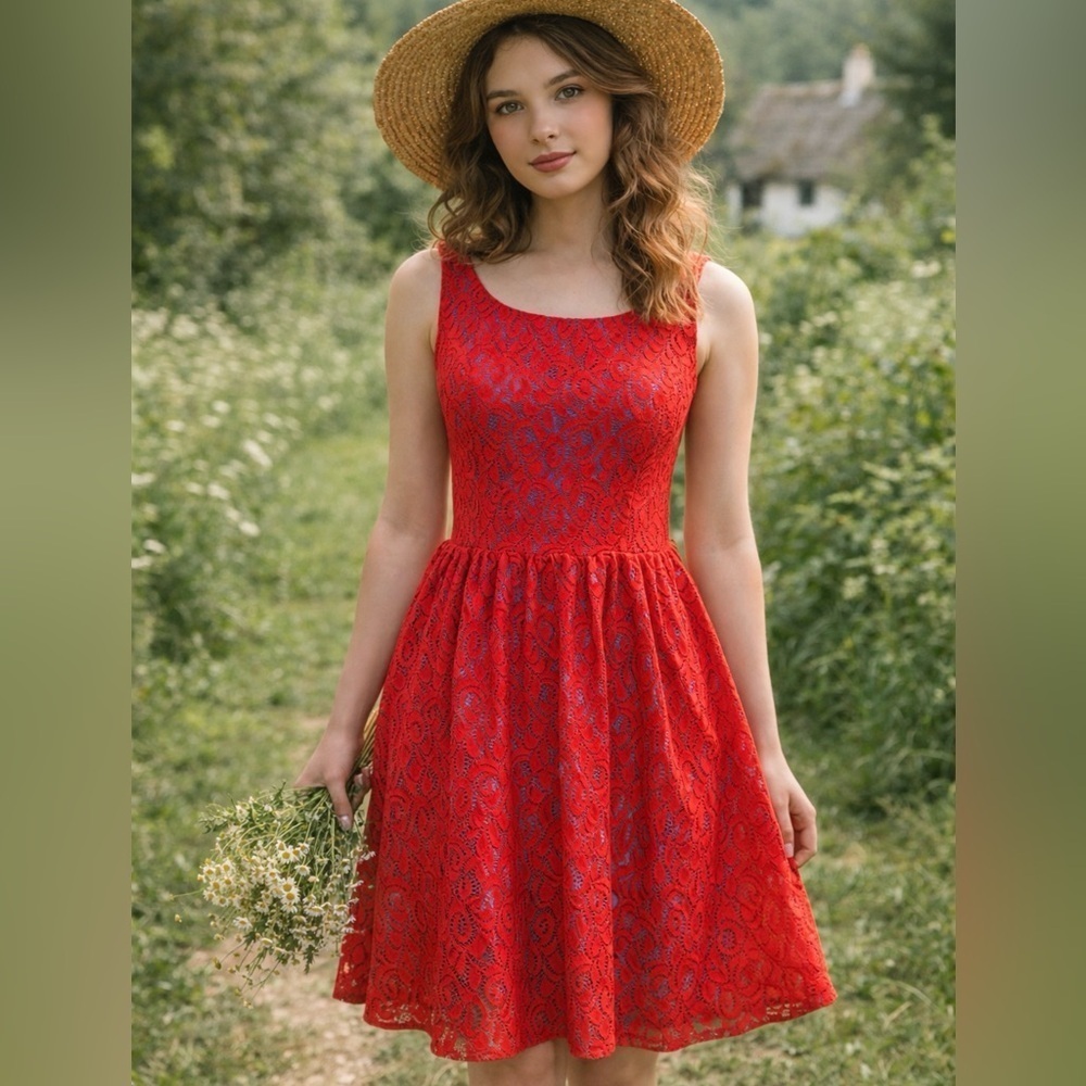Scarlett Red Blue Lace Fit & Flare Dress Size 8 Cottagecore Coquette